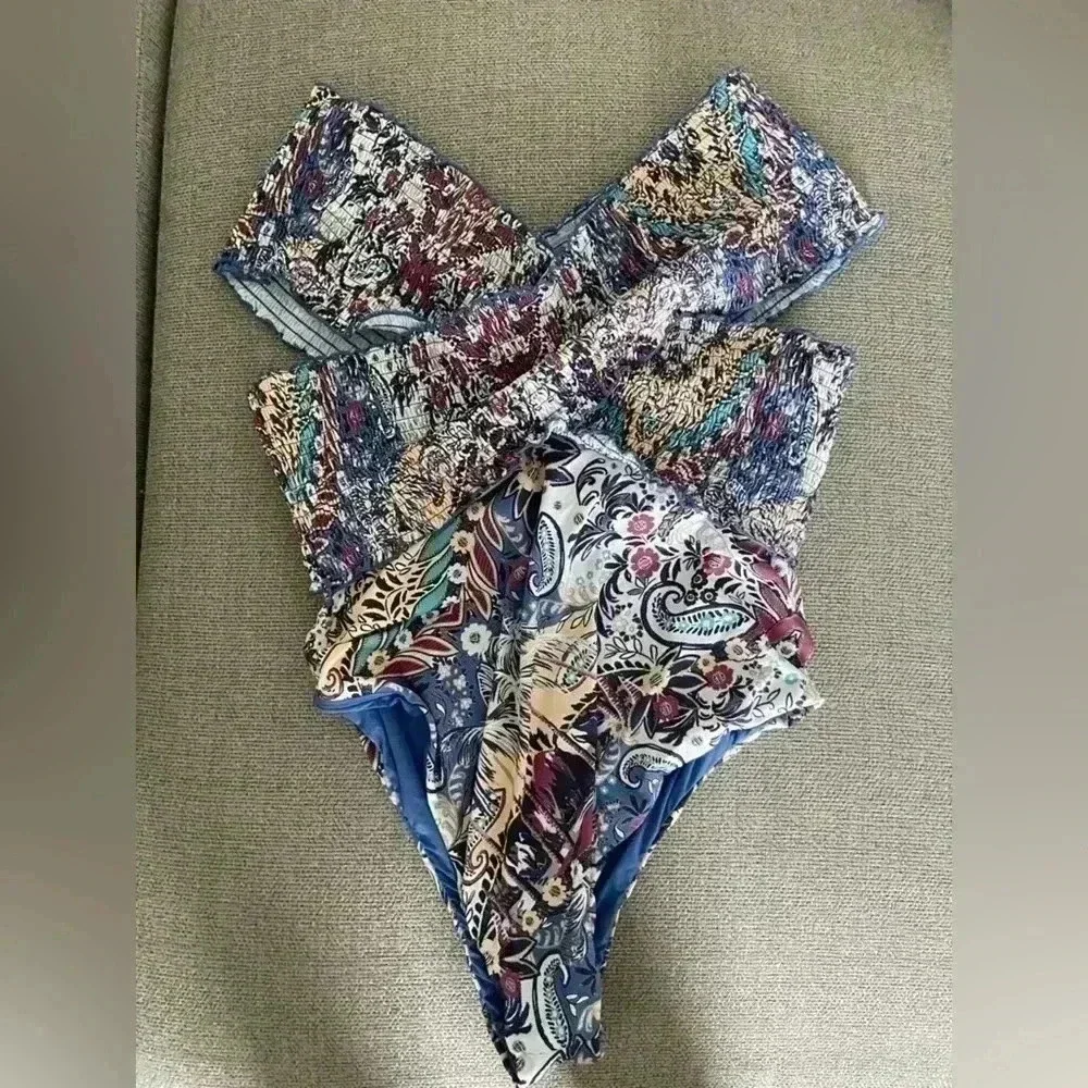 By anthropologie smocked off shoulder one piece swim suit womens‎ 1X nwot